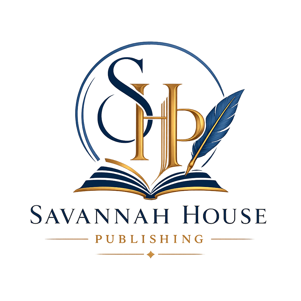 Savannah House Publishing: blue feather, gold book, and SHP monogram